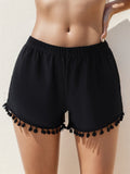 Solid Color Swimming Trunks Beach Boyshorts Cute Fur Ball Swimsuit Swimwear Women