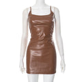 Sexy Women Clothing Solid Color Sleeveless Strap Leather Tight Sexy Short Dress