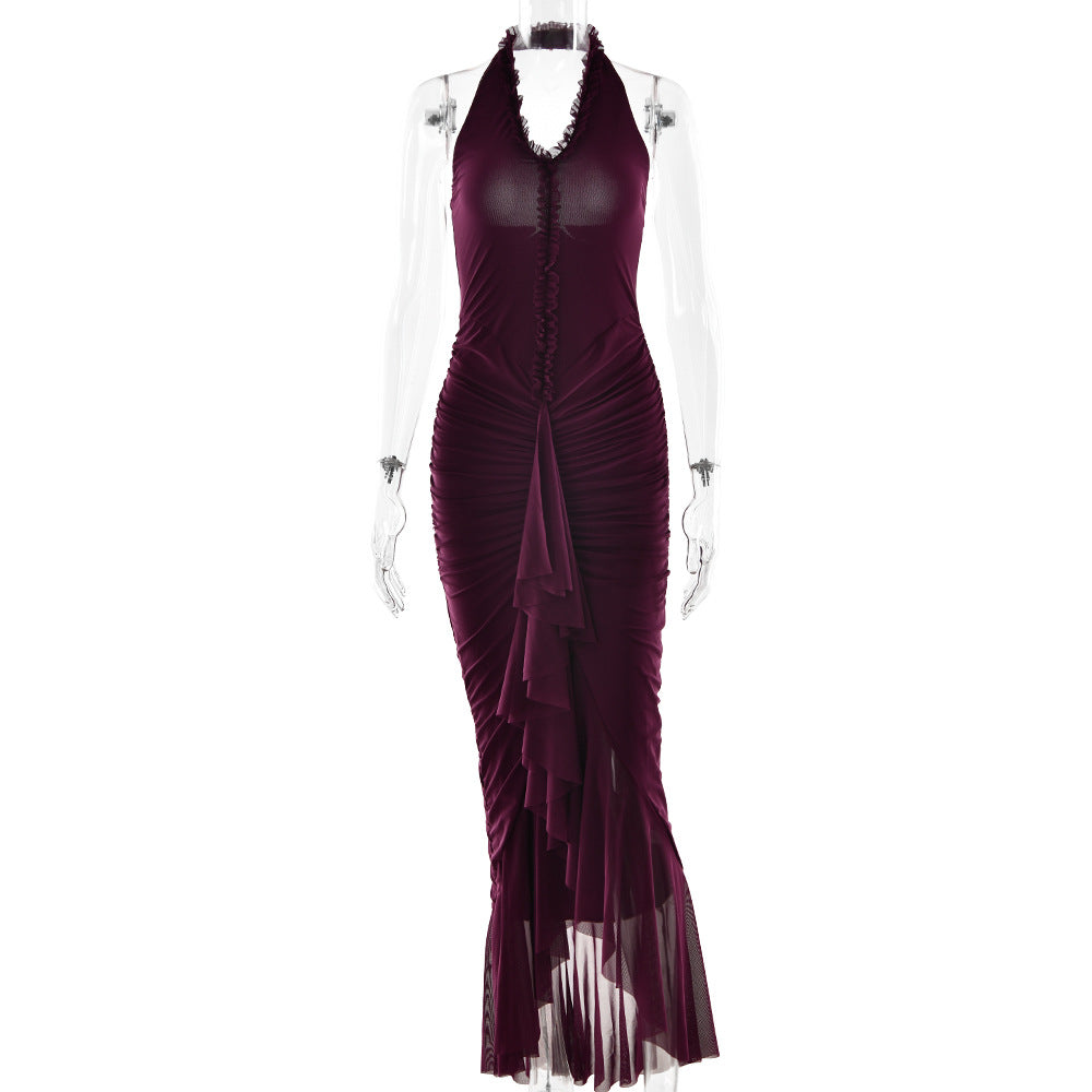 Arrival Sexy Halter Dress Summer Deep V Plunge Ruffled Slit Pleated Dress