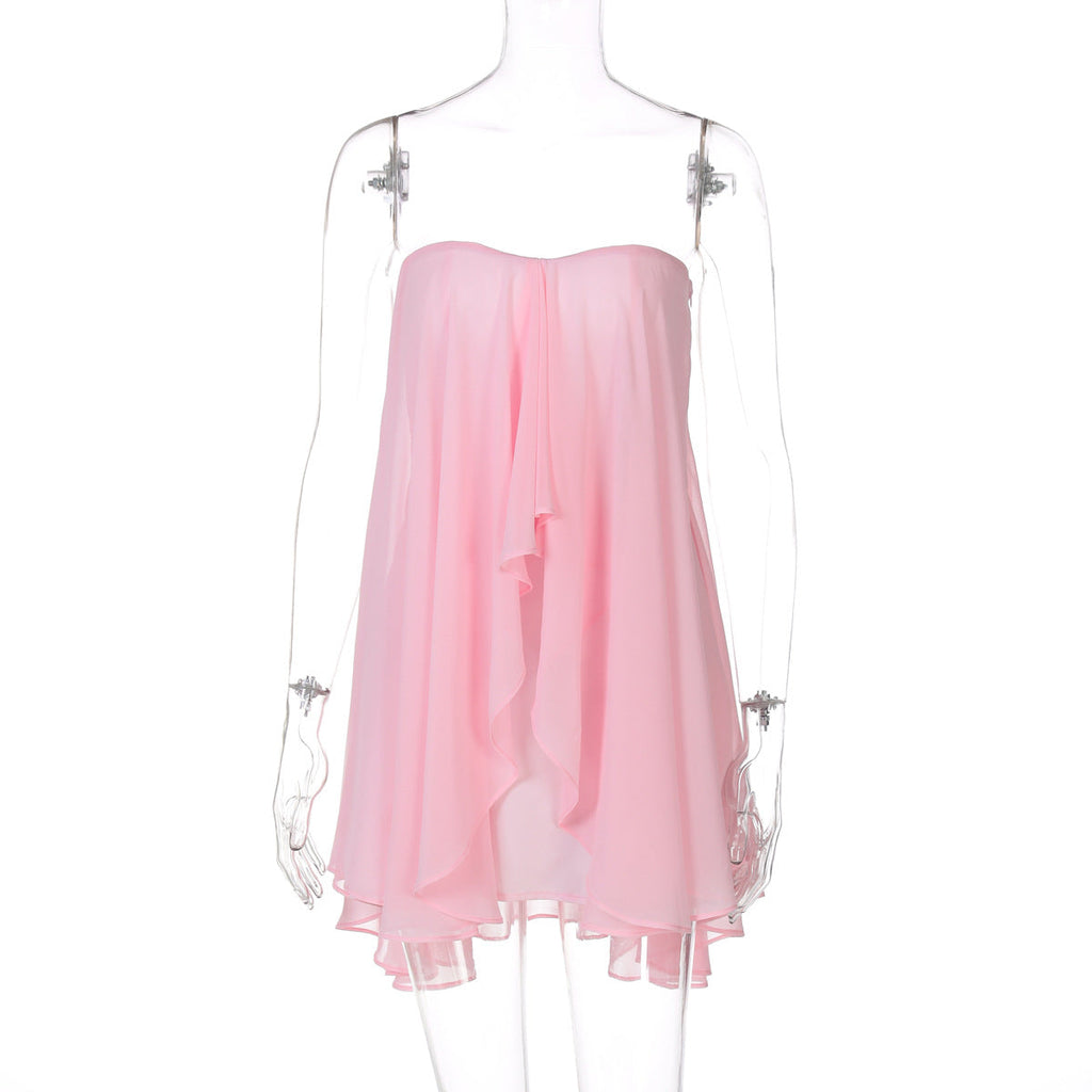 Summer Sexy Tube Top Irregular Asymmetric Laminated Solid Color Layered Street Mesh Dress