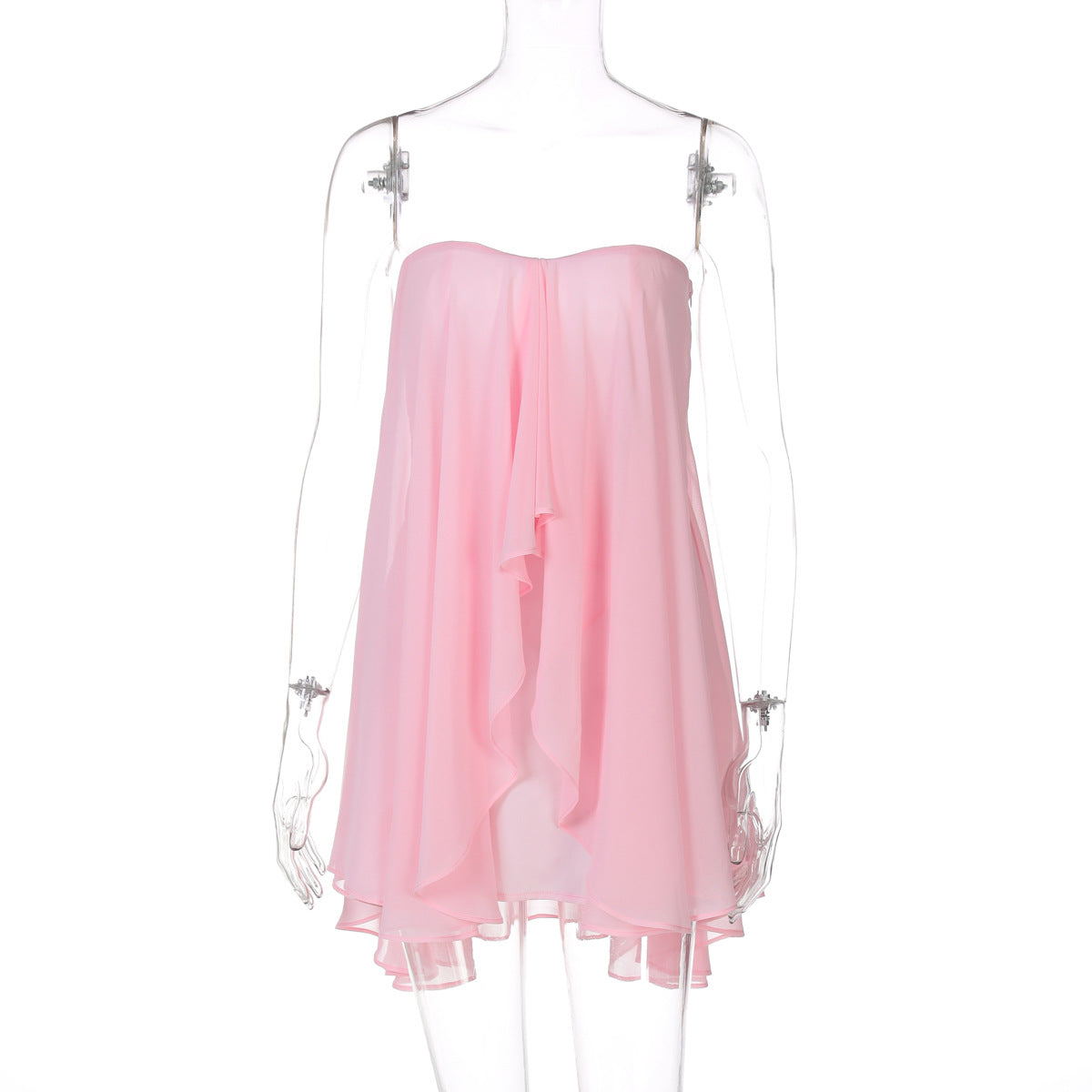 Summer Sexy Tube Top Irregular Asymmetric Laminated Solid Color Layered Street Mesh Dress