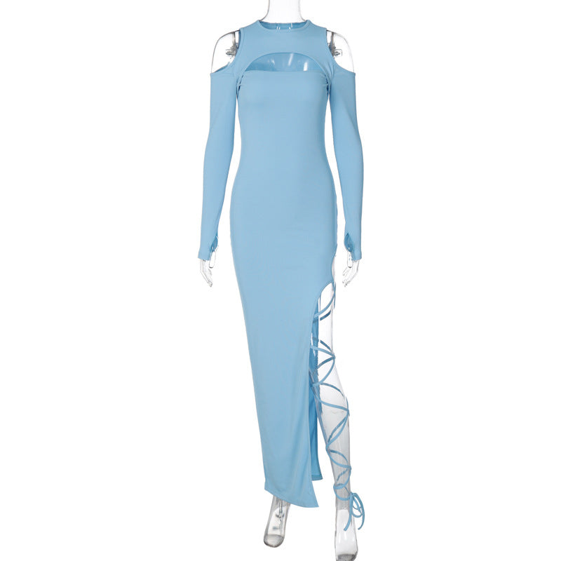 Sexy Leggings Split Dress Autumn Women Clothing Solid Color Long Sleeve Hollow Out Cutout Dress