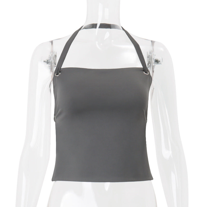 Women Clothing Summer Sexy Bare Back Slim Solid Color Short Halterneck Vest Top