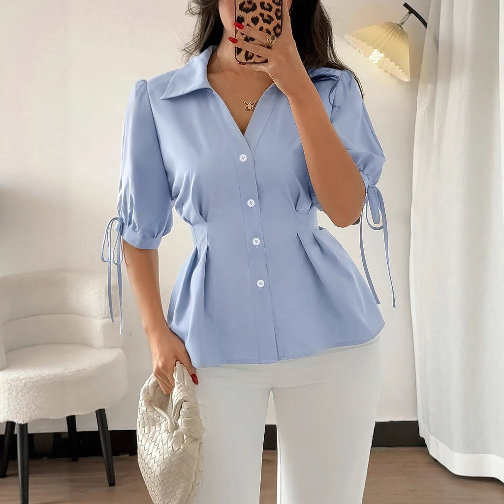 Office Spring Summer Waist Tight Waist a Swing Short Sleeve Cuff Lace up Design Pleated Slim Shirt Women Professional