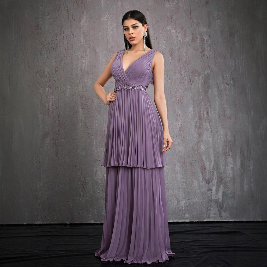 V neck Prom Evening Dress Tiered Dress Layered Cross Collar Host Formal Dress Elegant Graceful Dress Maxi Dress Women