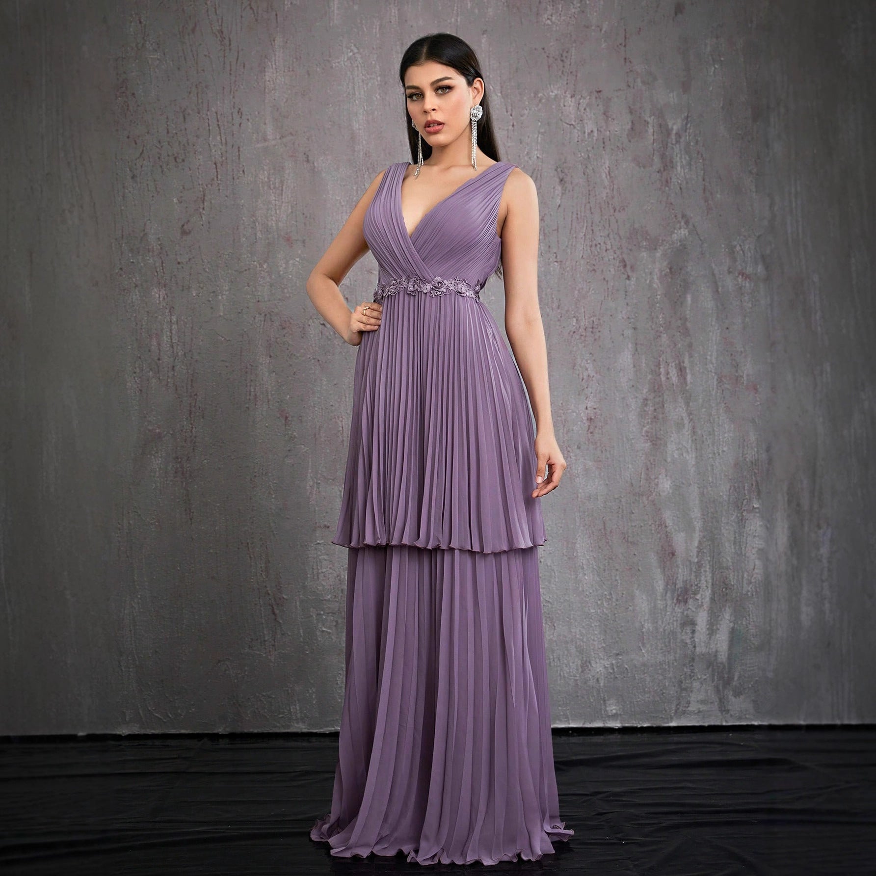 V neck Prom Evening Dress Tiered Dress Layered Cross Collar Host Formal Dress Elegant Graceful Dress Maxi Dress Women