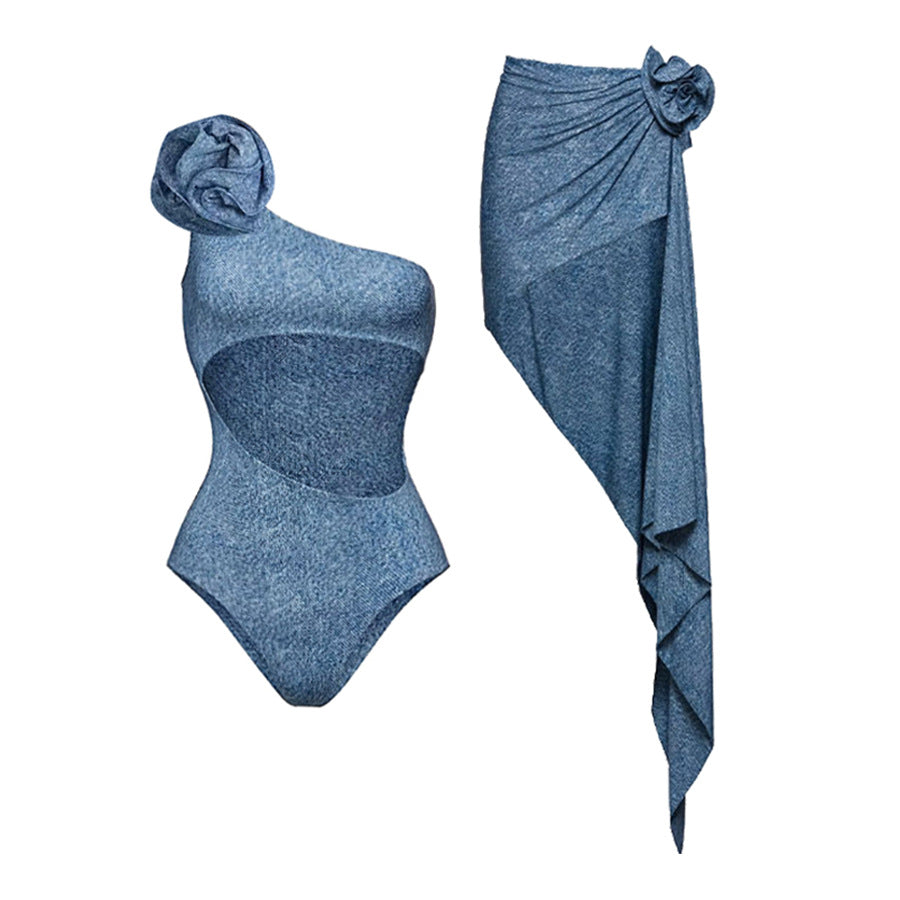 Popular Floral Decoration One Shoulder Hollow Out Cutout Soft Denim One Piece Swimsuit Women
