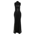 Women Clothing Autumn Winter Personality Turtleneck Slim Sleeveless Solid Color Faux Leather Dress Women