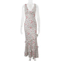 Spring Women Clothing Sexy V neck Halter Pastoral Floral Ruffled Slim Fit Dress Women