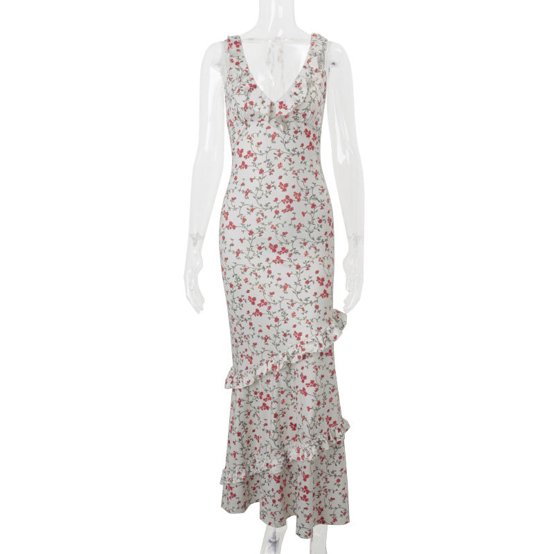 Spring Women Clothing Sexy V neck Halter Pastoral Floral Ruffled Slim Fit Dress Women