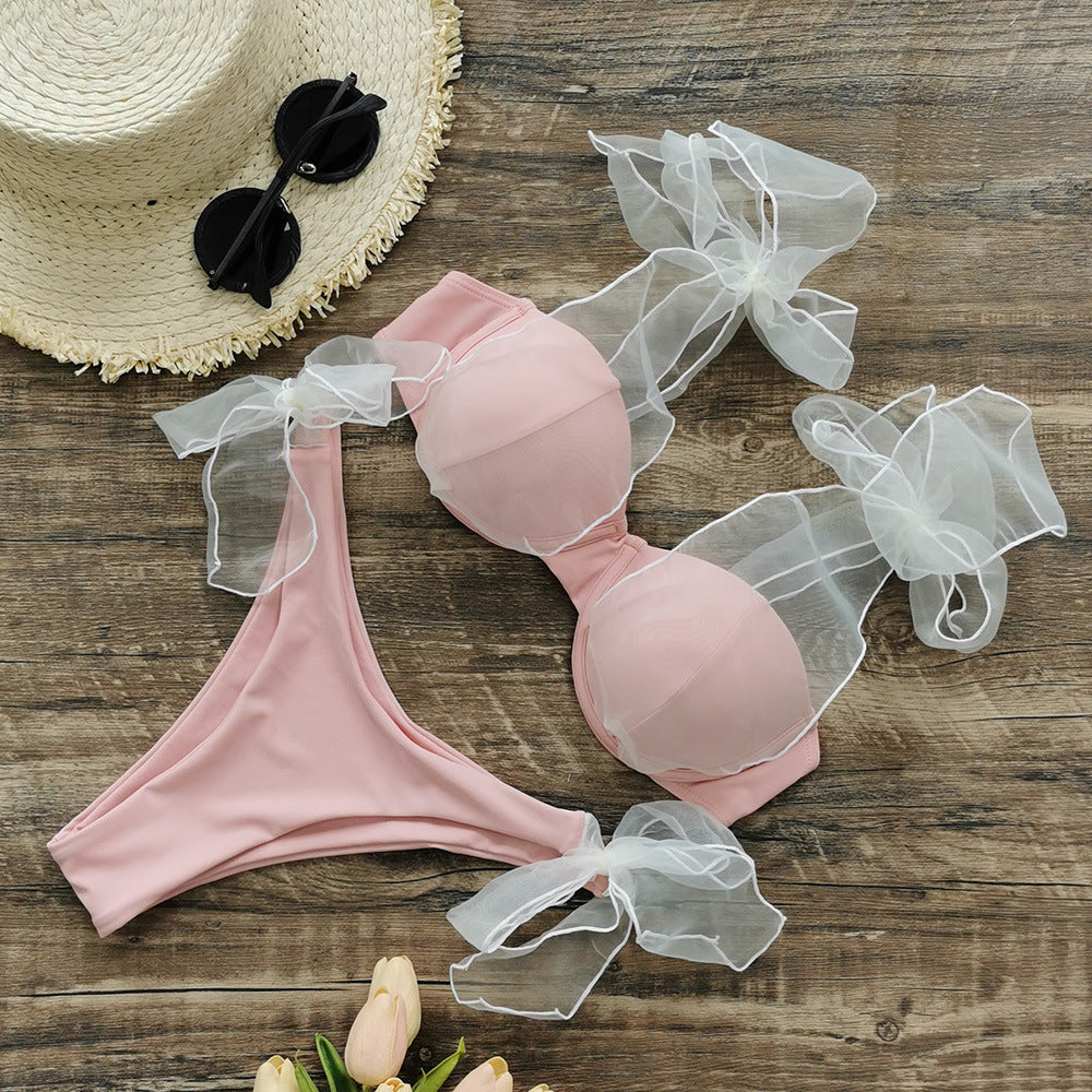 Solid Color Mesh Sling Split Swimsuit Female Bikini Sexy Fresh Backless
