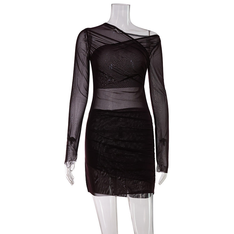 Winter Elegant Graceful Chest Cross Design Pleated Waist Tight Micro Transparent Slim Yarn Woven Hip Dress