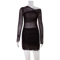 Winter Elegant Graceful Chest Cross Design Pleated Waist Tight Micro Transparent Slim Yarn Woven Hip Dress