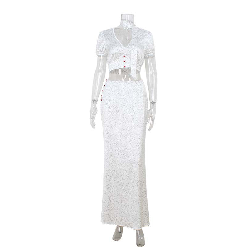 Elegant High Grade Polka Dot Satin Fishtail Skirt Skirt V neck Short Top Sexy Two Piece Sets