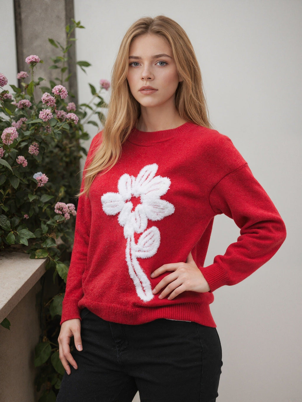 Floral Jacquard round Neck Long Sleeved Sweater Women Clothing Solid Color Casual Pullover Sweater Women