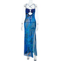 Sexy Print Swing Collar Split Sling Dress Summer Women Clothing