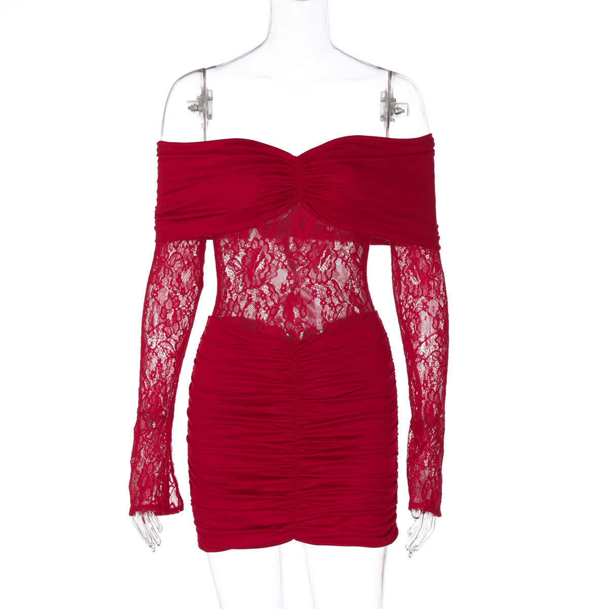Sexy Tube Top Sleeve Stitching Lace See through Ruffle Hip Short Dress