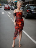 Summer Hip Fantasy Red off Neck Split Wavy Edge Sexy Mesh Dress Women