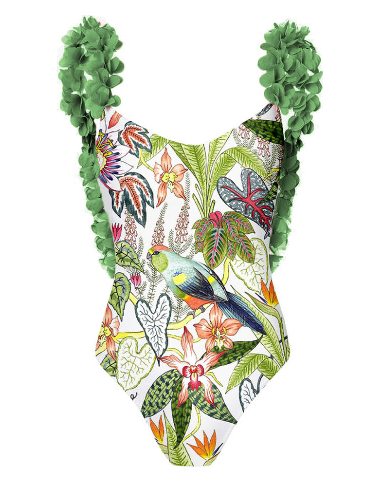 Printing Swimsuit Petals Cover Belly Backless Swimsuit