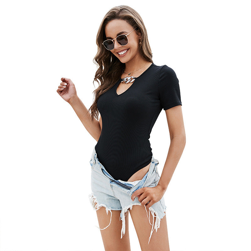 Summer Short Sleeve Bodysuit Small V-neck Solid Color Pullover Bottoming Shirt Chain Decoration Slimming Slim Women Clothing