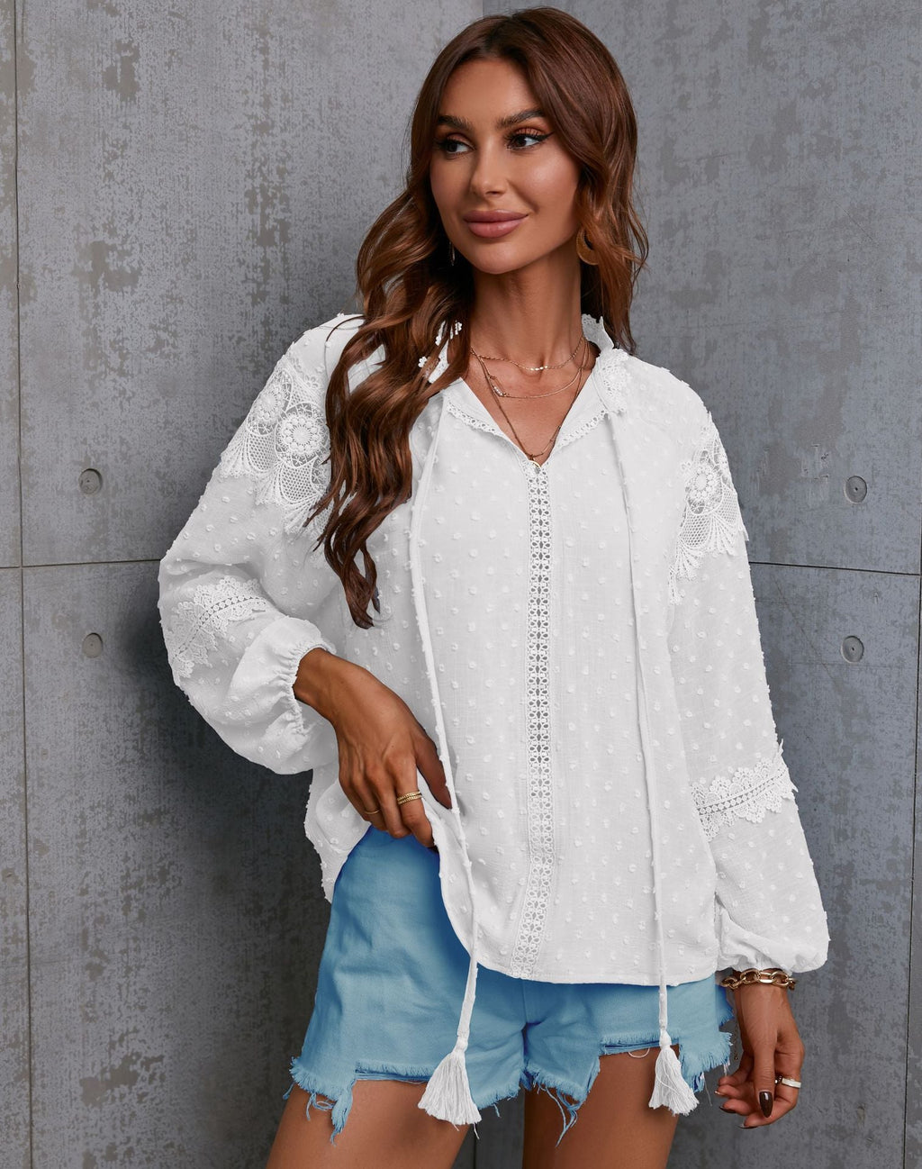 Fall Half-Open Collar Lantern Sleeve Polka Dot Chiffon Stitching Lace Shirt Loose Casual Women Clothing
