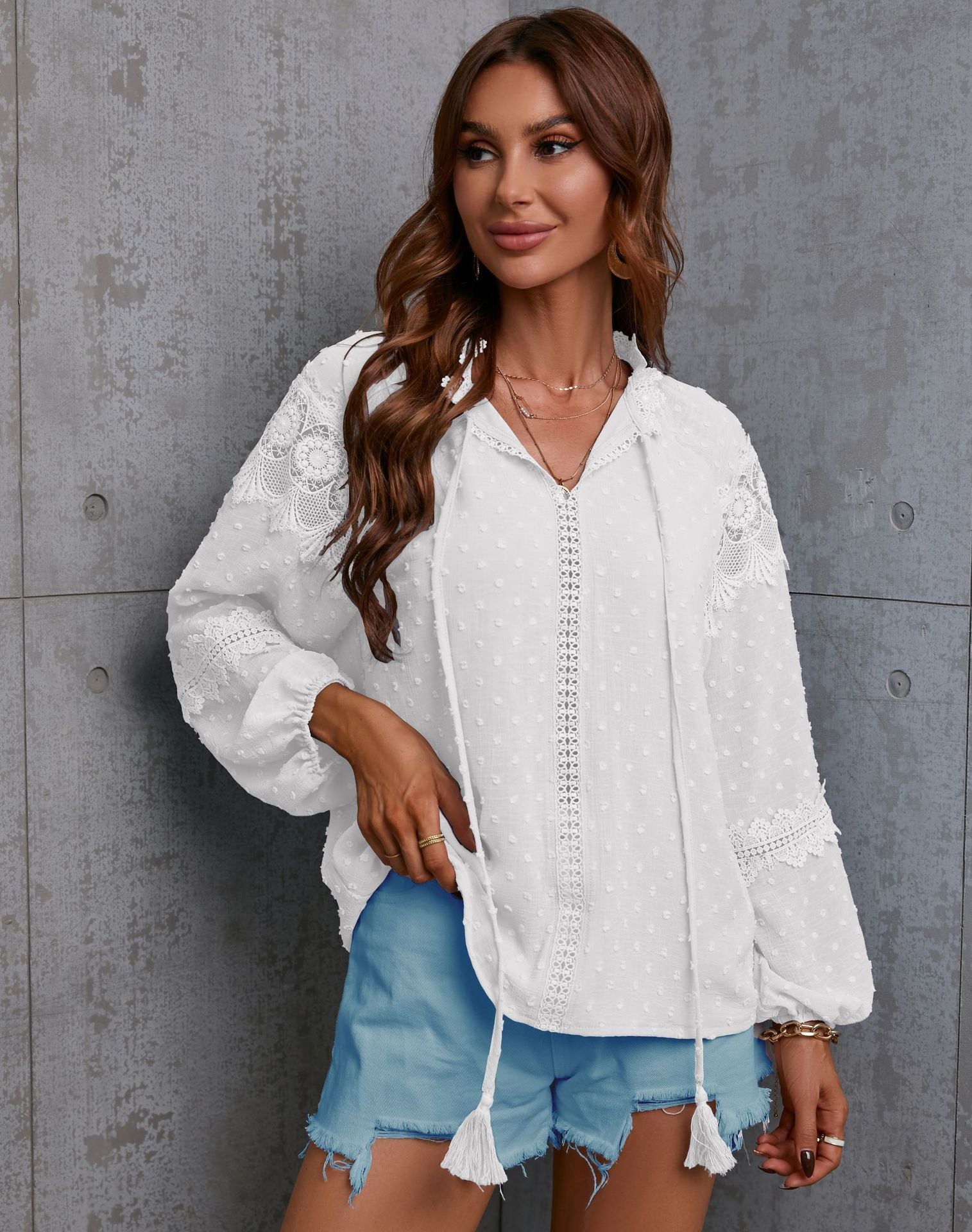 Fall Half-Open Collar Lantern Sleeve Polka Dot Chiffon Stitching Lace Shirt Loose Casual Women Clothing