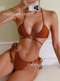 Bikini Sexy Solid Color Three Point Swimsuit Metal Ornament Split Sexy