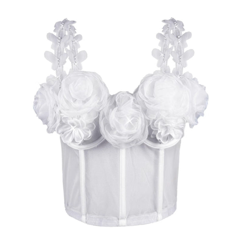 French Camisole Women Outer Wear Retro Three Dimensional Pearl Floral Design Boning Corset Tube Top