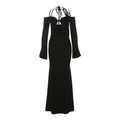 Women Clothing Autumn Winter Sexy Hollow Out Cutout out Backless Lace up Halterneck Solid Color Dress Women