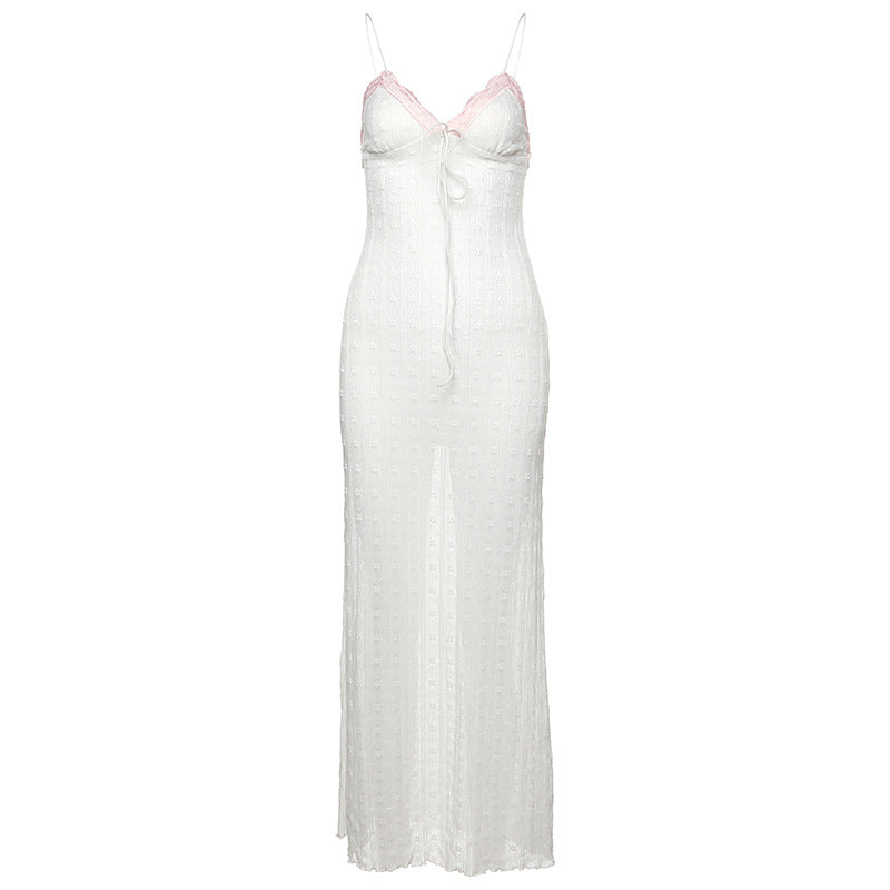 Spring Women Clothing Sexy Lace V neck Backless Bow Sling Dress