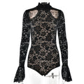 Sexy Lace Stitching Lace Cutout Jumpsuit Arrival Bell Sleeve Tight Bottoming Shirt