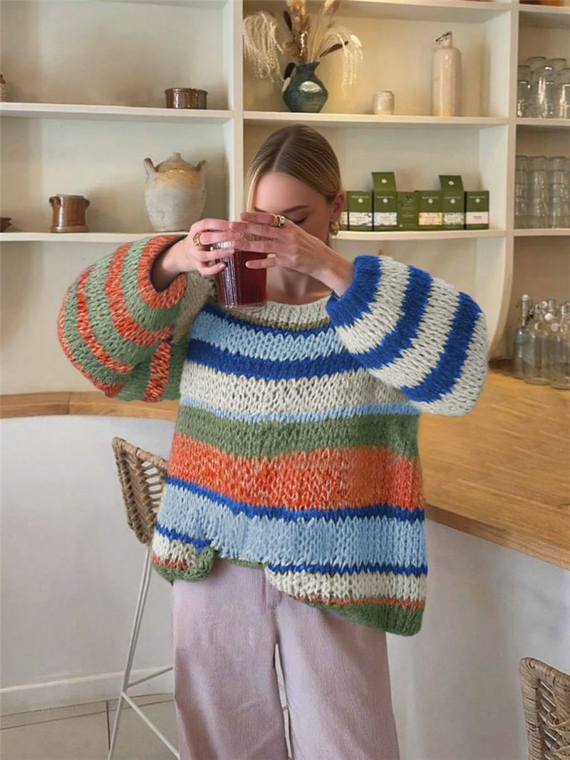 Women Clothing Sweater Rainbow Striped Knitted Pullover Retro Loose Street