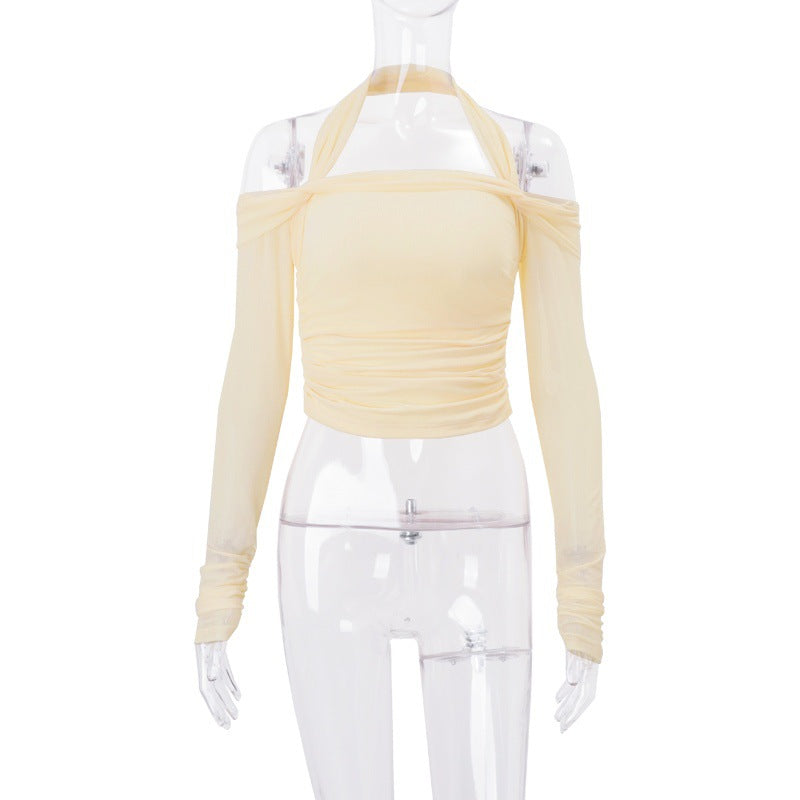 Women Clothing Autumn Sexy off Neck Solid Color Halter Cropped Long Sleeve Top for Women