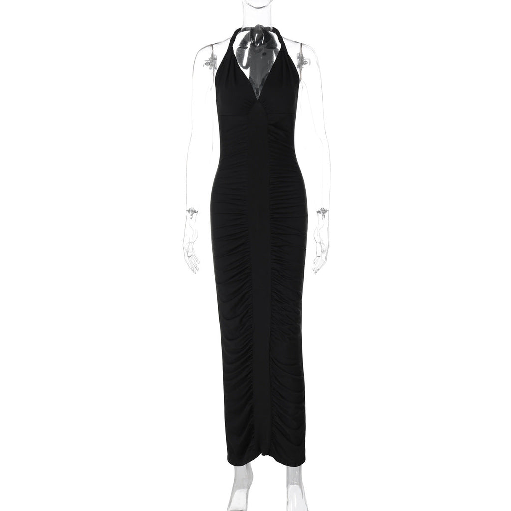 Women Clothing Winter Sexy V neck Backless Lace up Slim Fit Pleated Dress