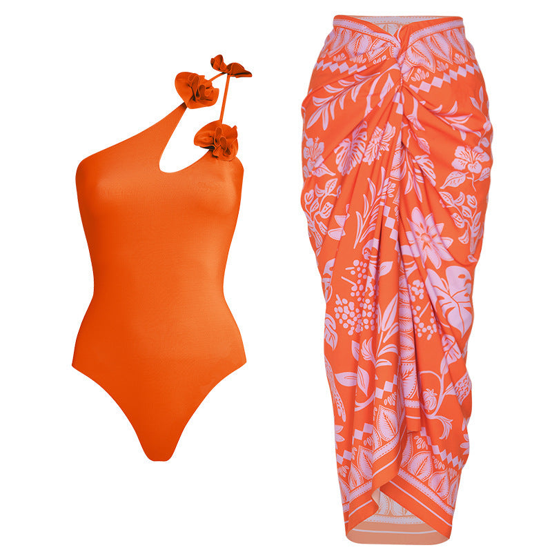 Color Matching Floral Decoration Hollow Out Cutout Tube Top One Piece Swimsuit Suit Skirt Women