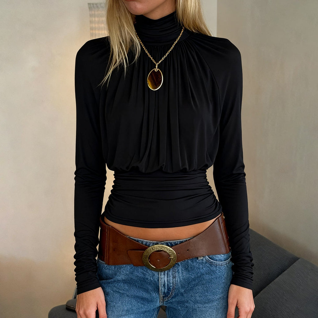 Dark Sexy Black with High Collar Long Sleeve Casual Top Short Waist Controlled Slimming Long Sleeve T shirt Women Autumn