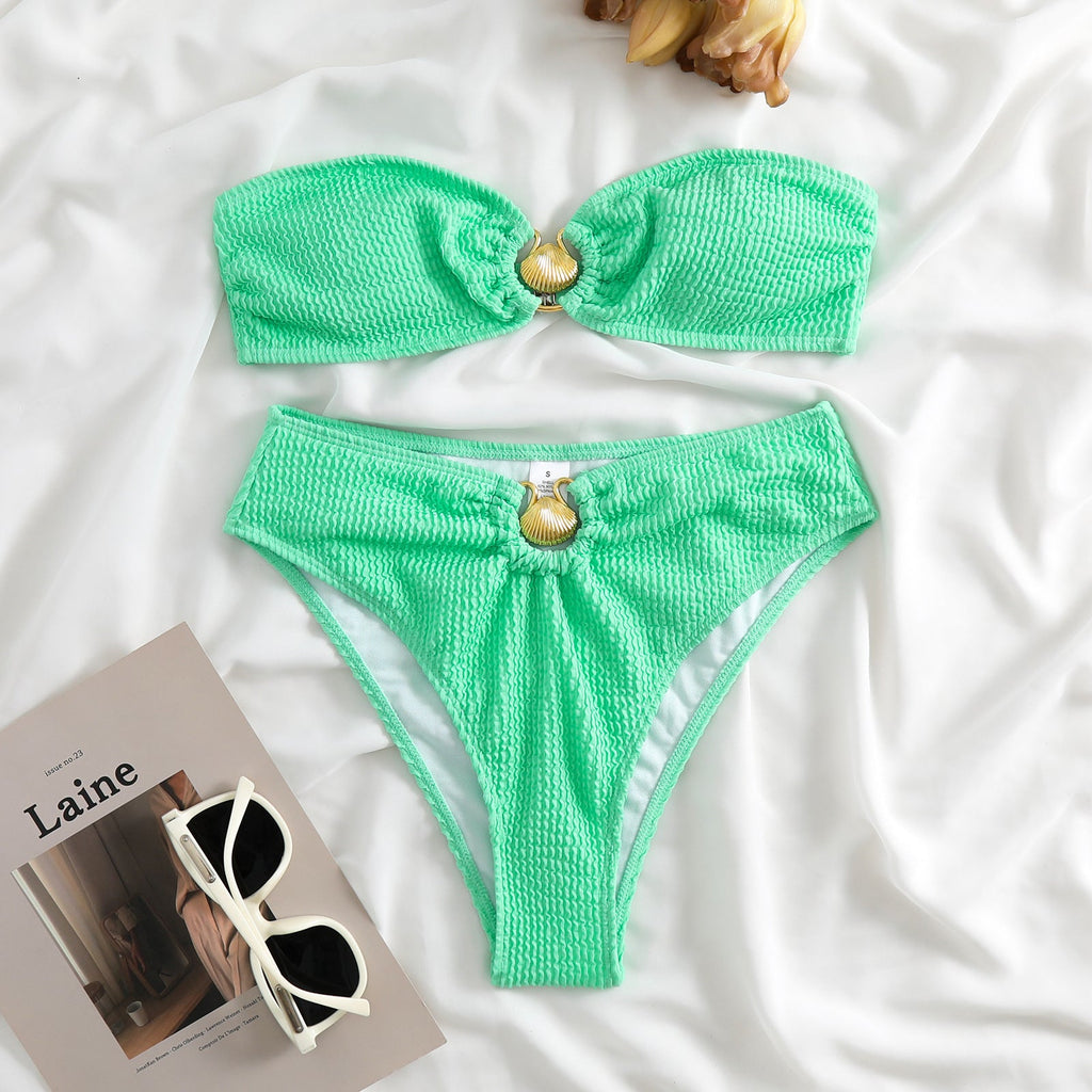 Contrast Color Soild Bikini Swimsuit Women Wave Pattern Split Swimsuit