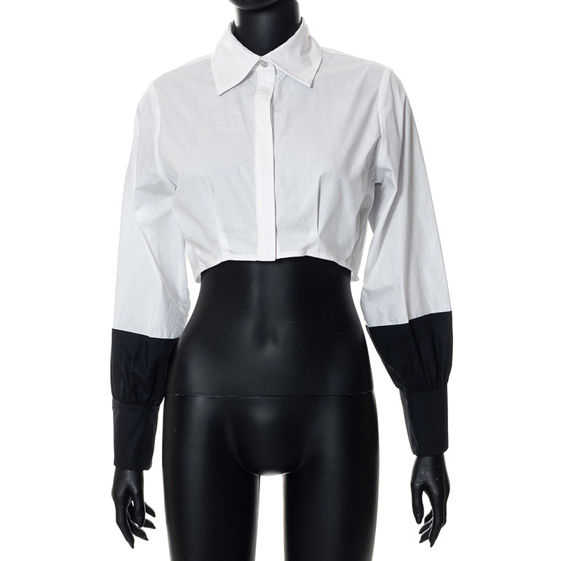 Women Clothing Autumn Polo Collar Stitching Contrast Color Long Sleeves cropped Cardigan Shirt