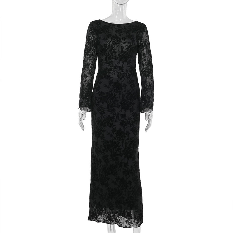 Sexy Backless Long Sleeves Printed Dress Women Autumn Graceful Fashionable Dress