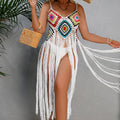 Sexy Hand Crocheting Tassel Beach Mid Length Dress Floral Block Beach Beach Cover Up Sun Protective Clothing