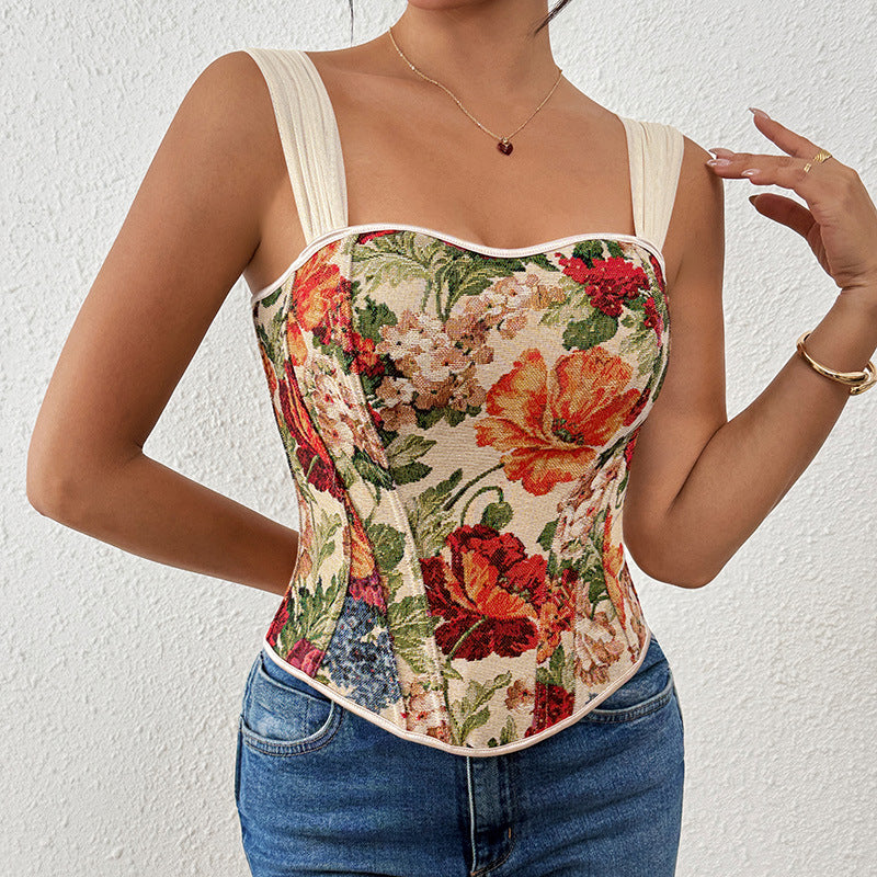 Retro Printed French Boning Corset Slimming Corset Outer Wear Inner Wear Vest Top Sling