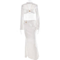 Summer Wind Graceful Satin Women Two Piece Sets Deep V Plunge Long Sleeve Top Sexy Slim Fit Maxi Skirt