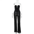 Metal Hollow Out Cutout See through Flocking Strap Lace Tube Top Jumpsuit