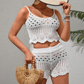 Knitted Embroidered Cutout Sling Top Beach Seaside Casual Two Piece Sets Women