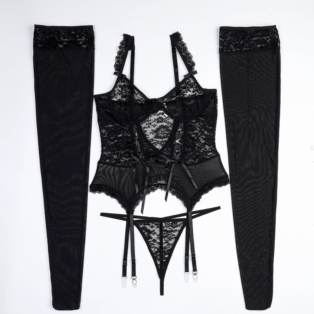 Big Stockings Black Mysterious Lace Hollow Out Cutout Lace Strap Slimming Sexy Goddess Sexy Lingerie Four Piece Set