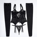 Big Stockings Black Mysterious Lace Hollow Out Cutout Lace Strap Slimming Sexy Goddess Sexy Lingerie Four Piece Set