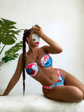 Sexy Tube Top Color Printed Halter Pleated Bikini Swimsuit