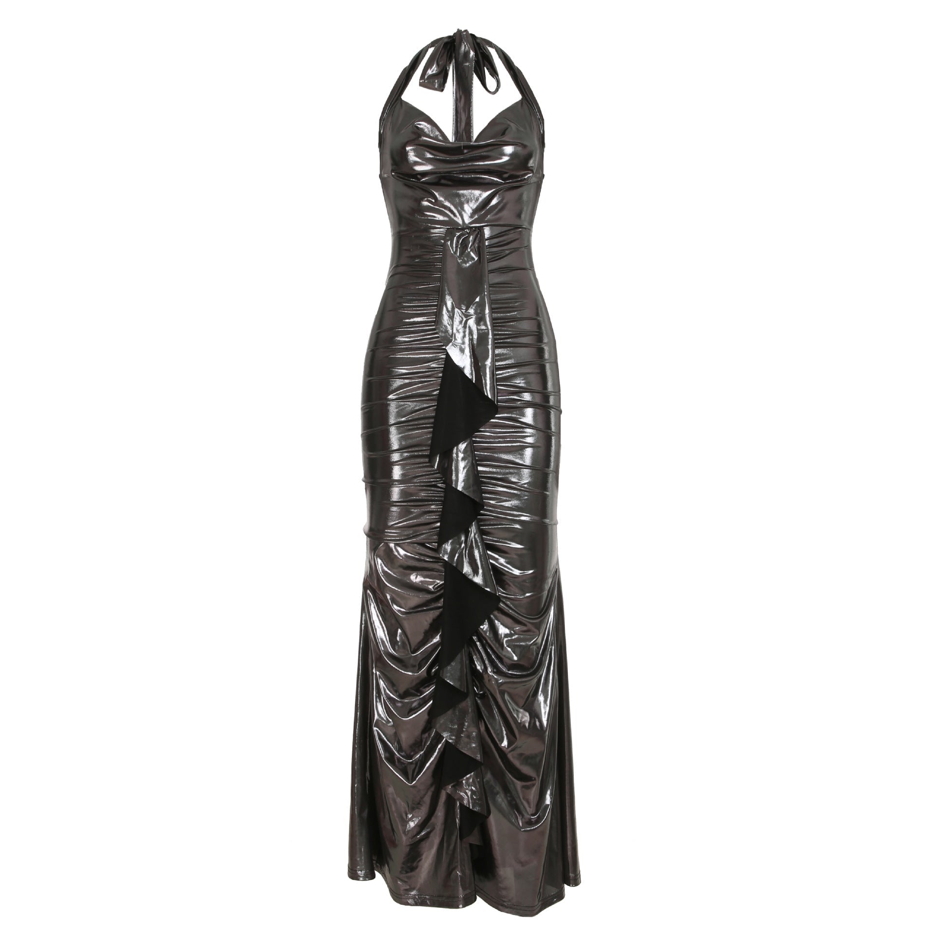 Sexy Dress Elegant Glossy Coating Backless Lace up Swing Collar Slim Fit Sheath Mop Dress