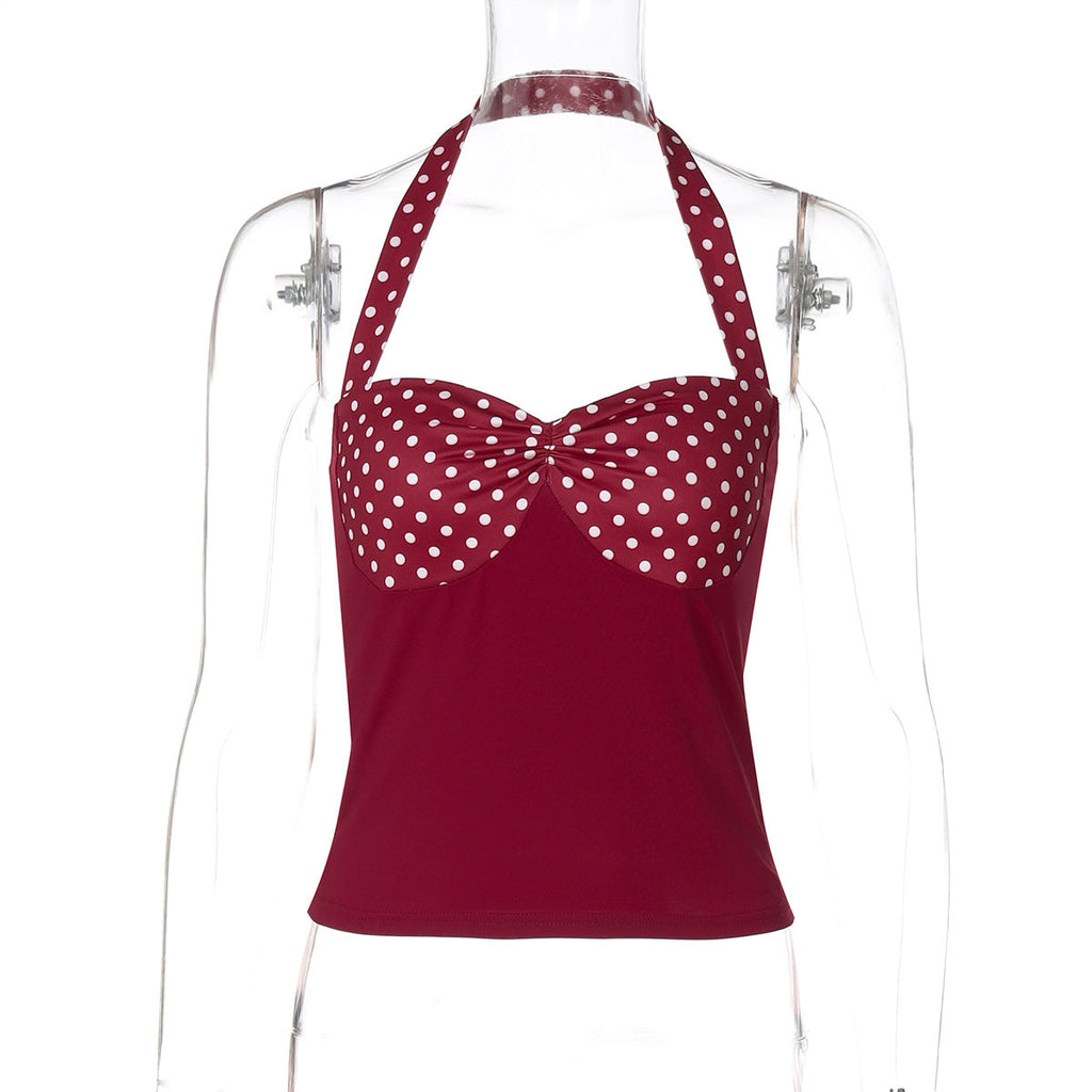 Women Clothing Summer Pure Want to Contrast Color Dot Halter Backless Top Women