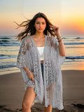 Women's Clothing Sexy See through Water Soluble Lace Embroidered Cardigan Beach Bikini Sun Protective Blouse